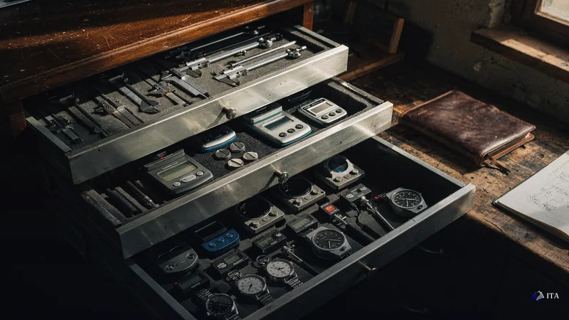 A craftsman's organized tool cabinet with instruments for measuring trading risk percentages.