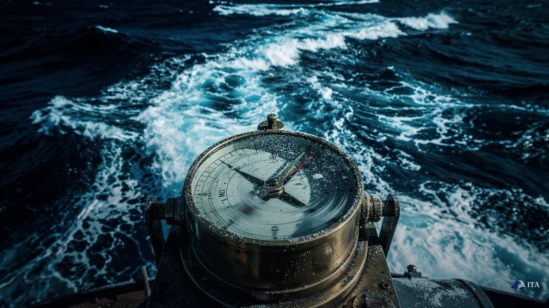 Key Moves: ship compass, turbulent water, navigation wake