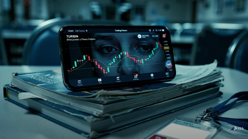 The Origin Story: Burnout, YouTube, and the Trading Rabbit Hole: smartphone_screen, nursing_journals, hospital_badge