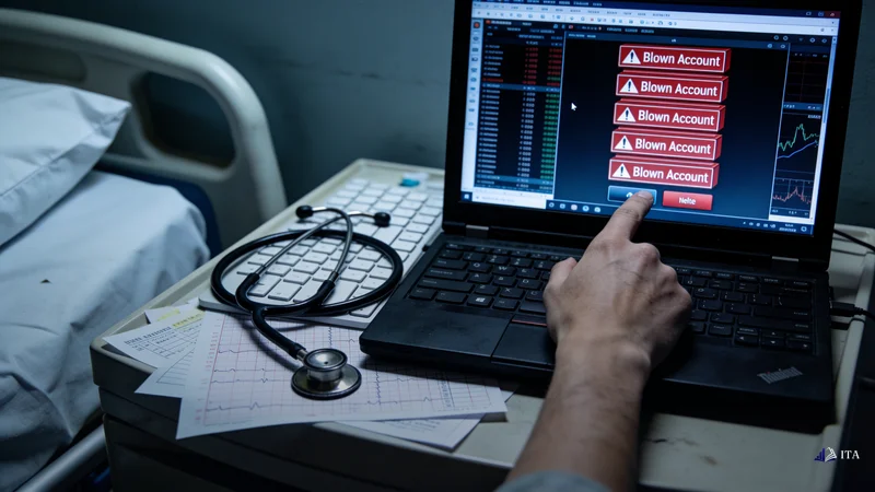 Laptop screen displaying a trading platform with multiple blown account notifications stacked in red warning boxes.