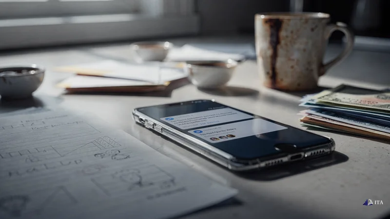 Two $50K account termination emails displayed on a smartphone screen, the device lying beside a child's homework on a kitchen.