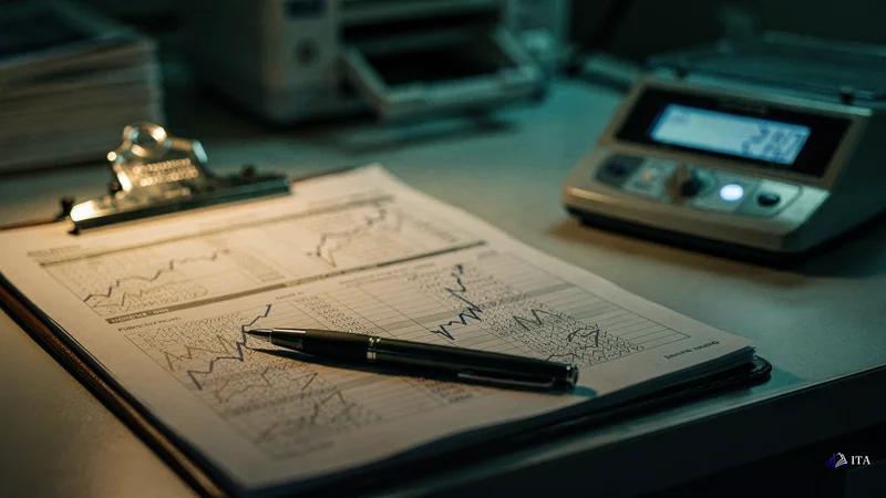 Medical chart clipboard where trading rules are written in clinical handwriting alongside patient care protocols.