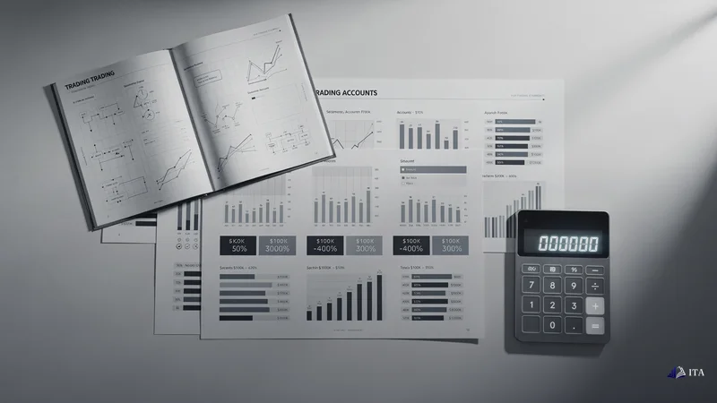 Multiple funded account statements spread across a clean desk surface, each showing 3-5% monthly returns from $100K to $400K.