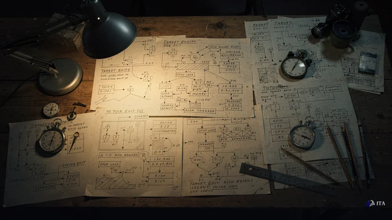 Detailed trading plan laid out on a strategic planning table with decision flowcharts and risk calculations.