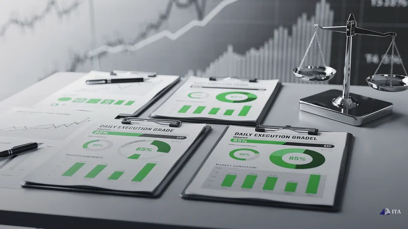 Process evaluation scorecards showing consistent 85% execution grades across different trading conditions.