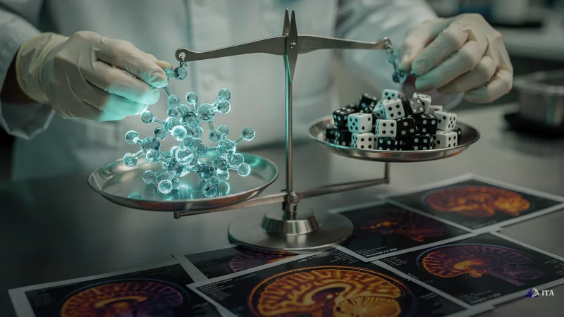Neuroscientist's hands holding a precision balance scale where one side holds a cluster of glowing dopamine molecule models.