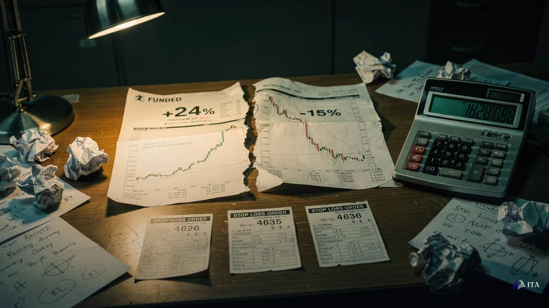 Forensic accountant's desk where a massive funded account statement showing +24% gains lies torn in half.
