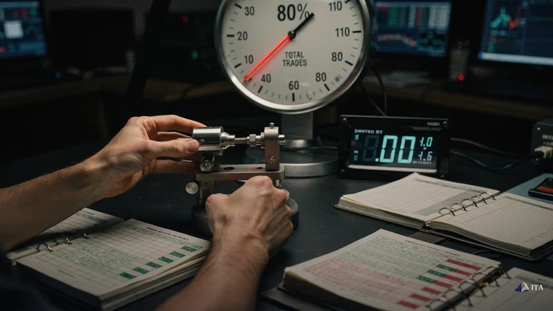 Trader calculating their Trade Quality Score using a precision measurement gauge.