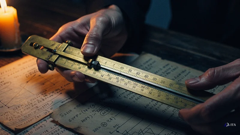 The Core Position Sizing Formula Explained: brass slide rule, handwritten calculations, mathematician hands