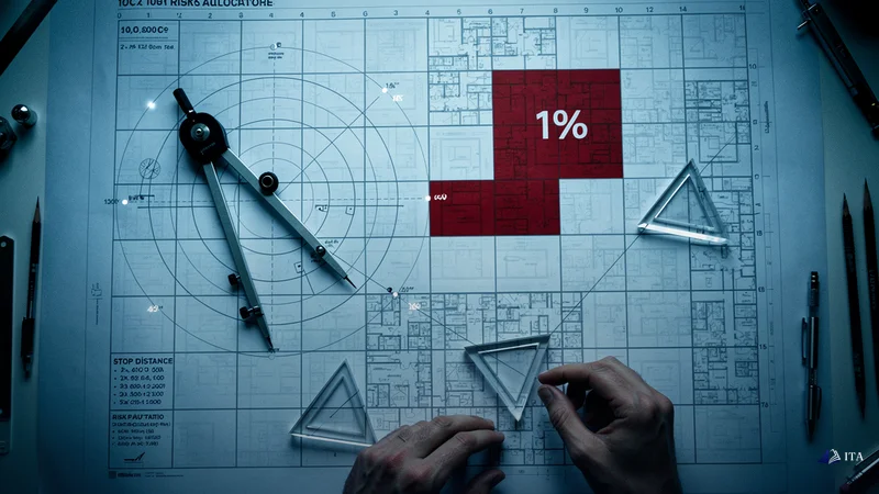 Integrating Risk-Reward Ratio with Position Sizing: architectural drafting table, blueprint sections, geometric compass