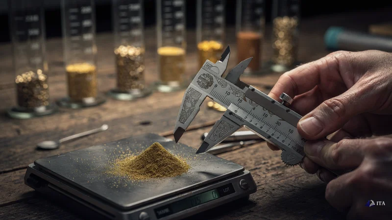 Master jeweler's hands using precision calipers to measure exactly $10 worth of gold dust on a micro scale, with EUR/USD curr