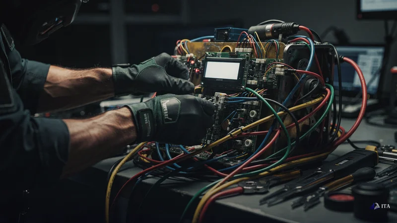 Bomb disposal expert's hands working on a complex device with multiple colored wires representing different prop firm rules,