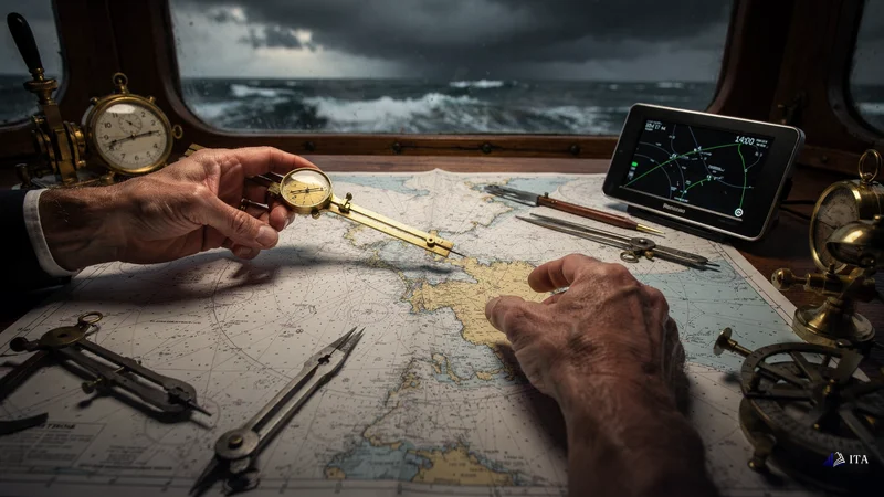 Master navigator's hands plotting a course across a detailed nautical chart where traditional compass bearings conflict with