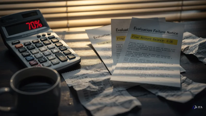 Three prop firm evaluation failure notices stacked on a trader's desk at dawn.