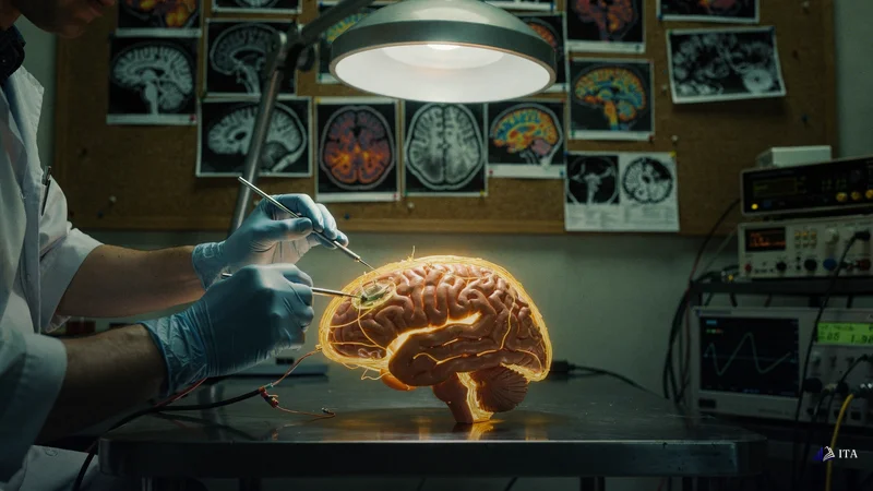 Cognitive researcher's laboratory where a human brain model sits under surgical lighting, with specific neural pathways.