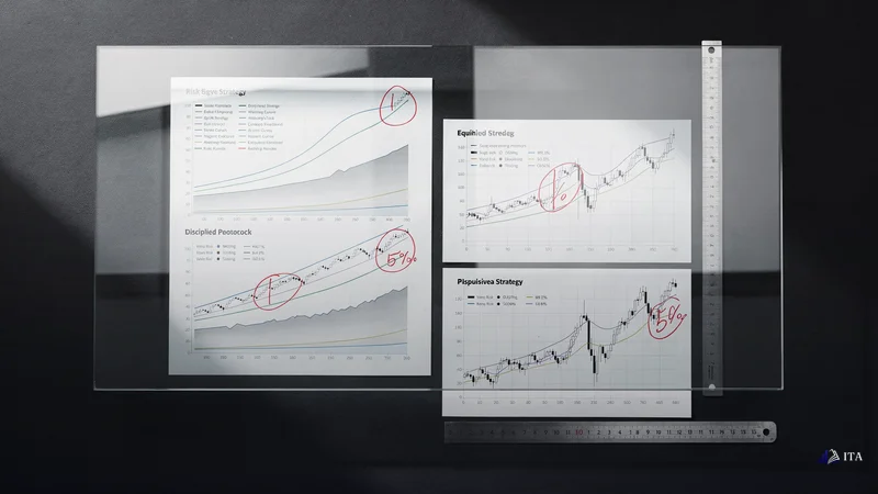Forensic analyst's desk where multiple trading performance charts are spread across a dark surface.