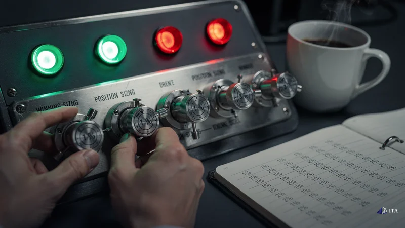 Risk manager's hands adjusting mechanical position sizing dials on a custom trading console, where each dial is locked.