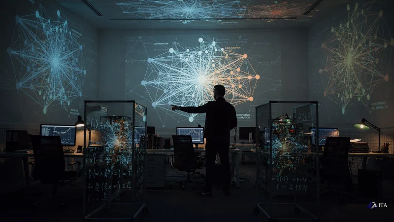 Behavioral economist's office at midnight where multiple interconnected spider web diagrams are projected onto the walls.