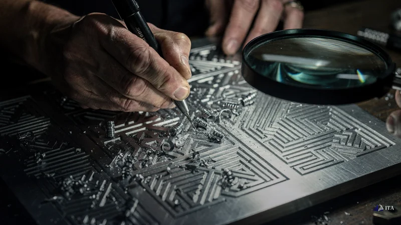 Master craftsman's hands engraving systematic trading protocols into a metal plate using precision tools.
