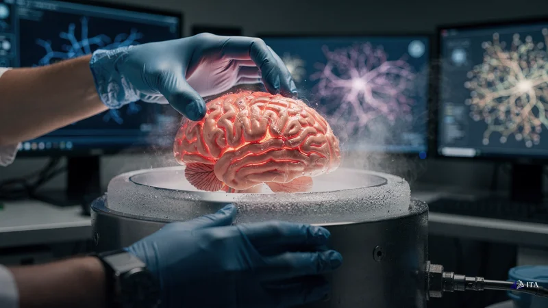 Brain model in cooling chamber showing neural pathway reset during trading recovery period.