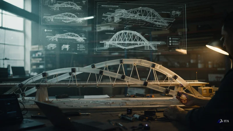 Anti-fragile bridge model with stress detection sensors demonstrating failure-resistant design.
