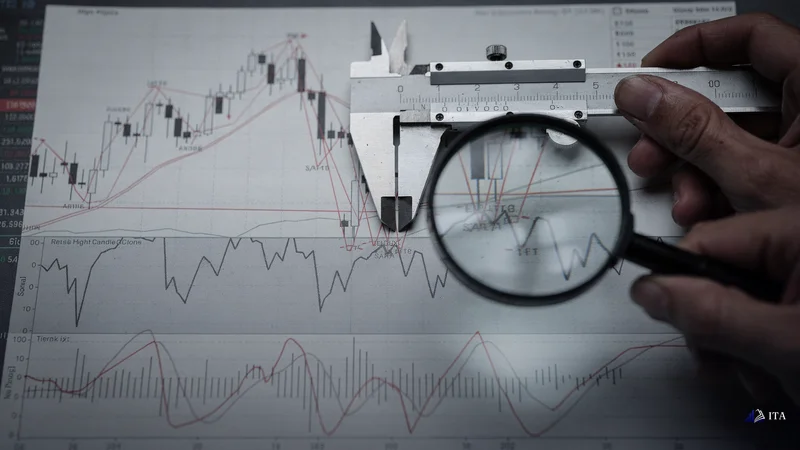 Analyst measuring exact RSI divergence peak connections on a technical chart.