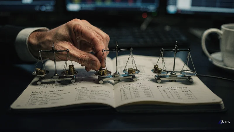 Economist balancing multiple trading factors on precision scales for systematic integration.