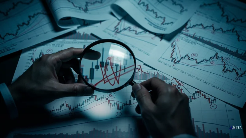 Identifying RSI Divergence Signals on Charts: magnifying glass, forensic analyst hands, annotated charts