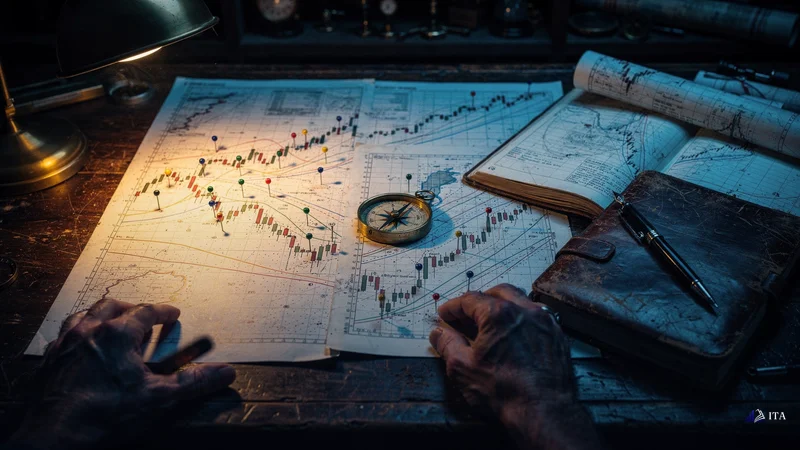 Practice Exercises: Spotting Divergence in Real Charts: navigation charts, brass compass, leather logbook