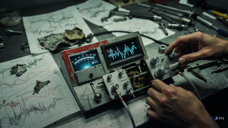 Engineer calibrating a momentum measurement device showing oscillations between 0 and 100.