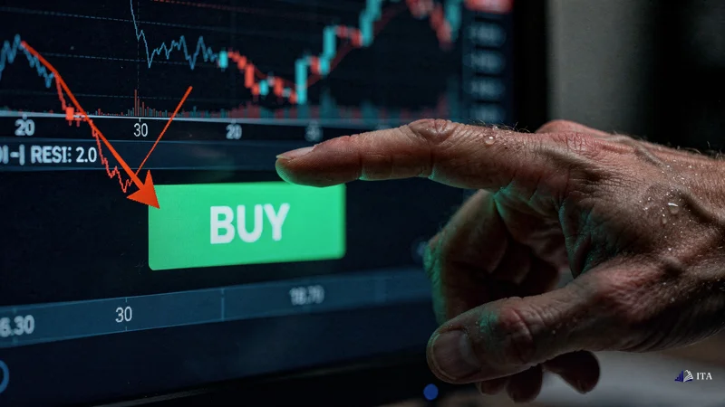 Trader's finger hovering over buy button while RSI indicator shows oversold conditions below 30.
