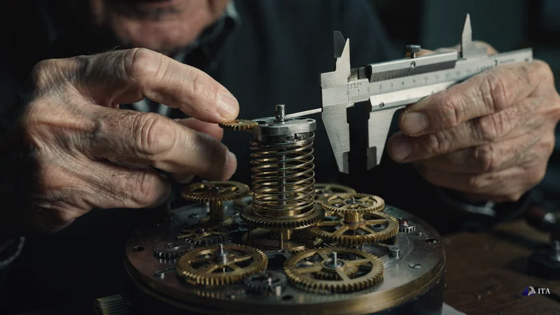 Clockmaker measuring gear ratios in a precision timepiece mechanism.