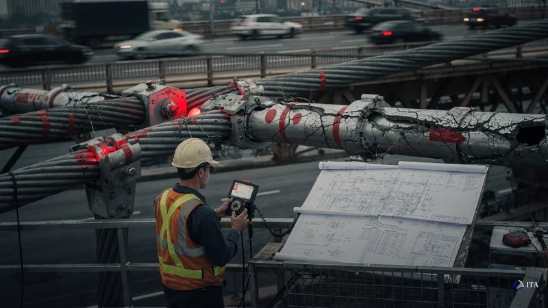 Structural engineer measuring stress fractures on a suspension bridge support system.