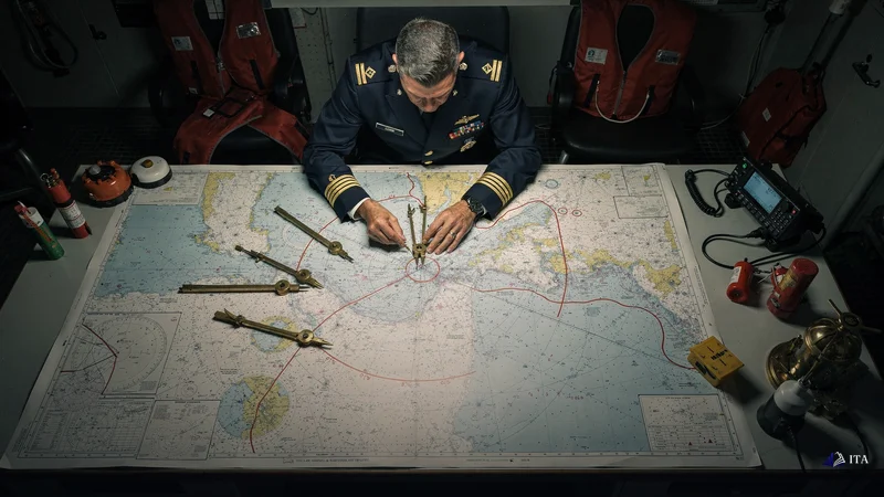 Naval officer calculating position measurements from invalidation points on navigation charts.