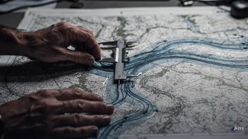 Engineer analyzing water flow patterns on topographical survey map.