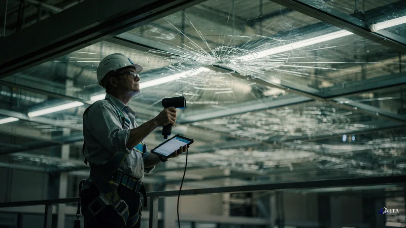 Structural engineer detecting stress fractures in glass ceiling installation.