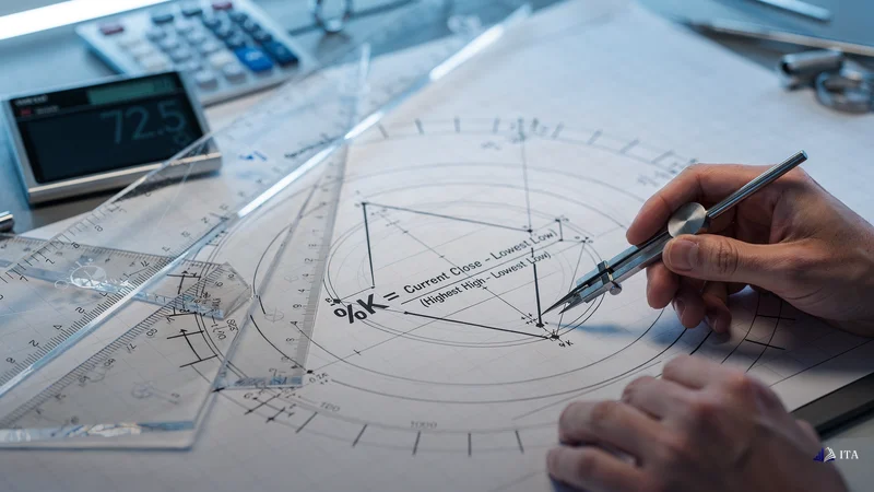 Mathematical compass drawing precise geometric calculations for stochastic formula construction.