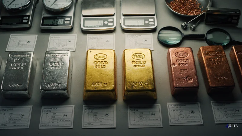 Physical commodity samples with precise weight measurements showing trading level calculations.