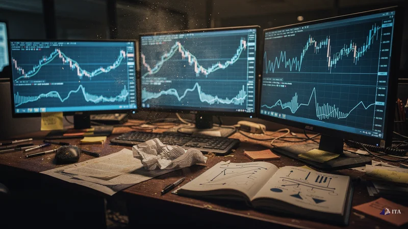 Failed trader's desk showing oversimplified stochastic signals that led to account termination.