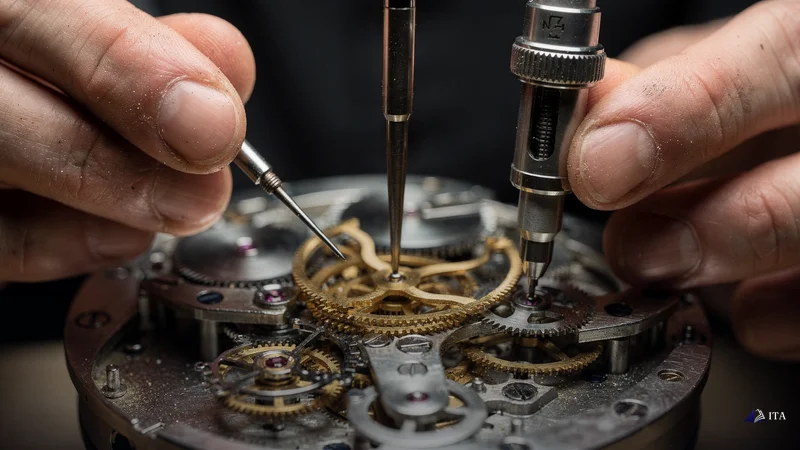 Watchmaker aligning three precision tools in sequence for accurate timing confirmation.