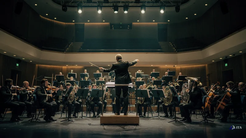 Orchestra conductor directing precision performance representing systematic trading protocol execution.
