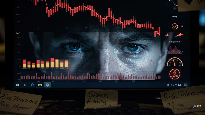 Trader's exhausted reflection in a monitor showing declining performance metrics.