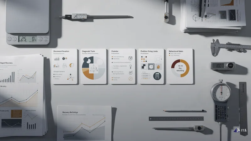 Five-step recovery protocol cards arranged with precision timing instruments.