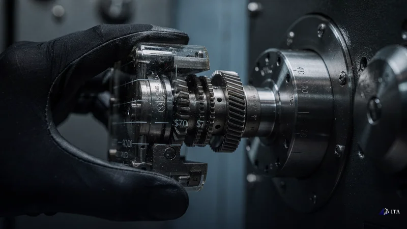 Bank vault technician engaging a lock mechanism that secures permanently at profit thresholds.