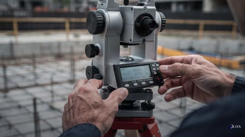 Master surveyor's hands operating a precision theodolite instrument at a construction site, measuring exact elevation points.
