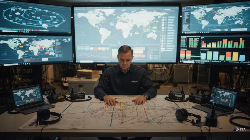 Logistics coordinator's command center where massive cargo movement is orchestrated across multiple shipping lanes.