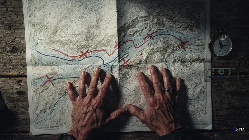 River guide's hands studying detailed topographical maps spread across a wooden table, with red X marks indicating dangerous.