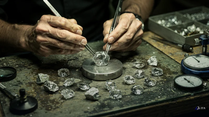 Master diamond cutter's hands using precision tools to systematically break a large rough stone into multiple smaller gems.