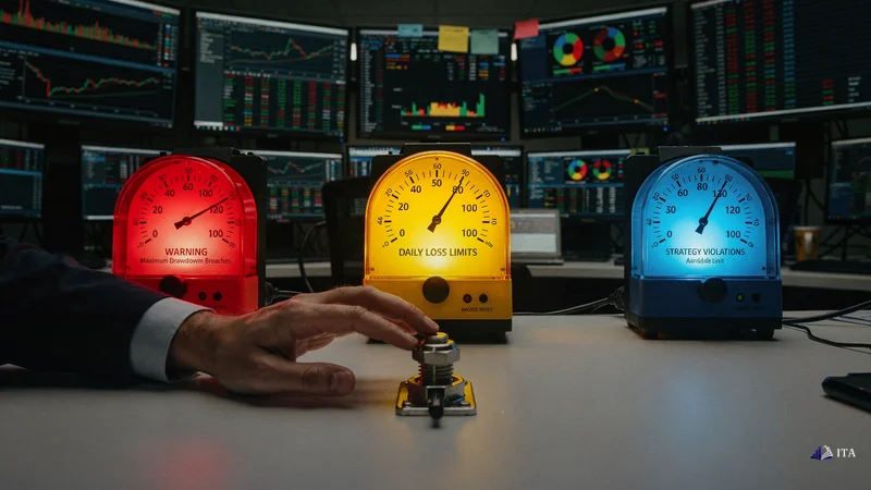 Risk management station with multiple alarm systems monitoring drawdown and loss limits.