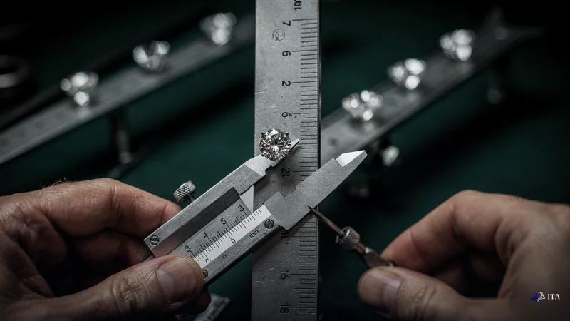 Master jeweler's hands using precision calipers to measure the exact position of a diamond within a graduated scale marked.